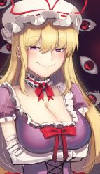 Rule 34 | 1girl, blonde hair, blush, boa (brianoa), breasts, cleavage, closed mouth, crossed arms, dress, elbow gloves, extra eyes, gloves, half-closed eyes, hat, hat ribbon, highres, large breasts, looking at viewer, mob cap, neck ribbon, purple dress, purple eyes, red ribbon, ribbon, short sleeves, smile, smug, solo, touhou, twitter username, upper body, white gloves, white hat, yakumo yukari
