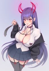 Rule 34 | 1girl, akuma nihmune, akuma nihmune (1st costume), artist name, between breasts, black jacket, black thighhighs, blue skirt, brassica, breasts, choker, cleavage, commentary, english commentary, fake horns, garter straps, gold necklace, hair ornament, heart, heart-shaped pupils, heart choker, highres, horns, indie virtual youtuber, jacket, jewelry, large breasts, long hair, looking at viewer, mole, necklace, necktie, off shoulder, open mouth, purple hair, red choker, red eyes, red necktie, shirt, skirt, symbol-shaped pupils, tail, thighhighs, virtual youtuber, white shirt