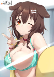 Rule 34 | 1girl, ;), animal ears, blue bra, blush, bone hair ornament, bra, bra pull, braid, breasts, brown hair, clothes pull, commentary, dog ears, dog girl, hair between eyes, hair ornament, highres, hololive, inugami korone, inugami korone (1st costume), jacket, large breasts, light censor, lo xueming, long hair, long sleeves, nail polish, off shoulder, one breast out, one eye closed, open clothes, open jacket, red eyes, selfie, smile, solo, twin braids, underwear, upper body, v, virtual youtuber, yellow jacket, yellow nails