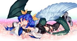 Rule 34 | 1girl, asymmetrical wings, blue hair, boots, breasts, choker, detached sleeves, dizzy (guilty gear), dragon tail, flower, guilty gear, guilty gear xrd, hair between eyes, hair ribbon, large breasts, long hair, lying, monster girl, on stomach, red eyes, ribbon, salamanshe, solo, tail, thick thighs, thigh strap, thighhighs, thighs, twintails, wings, yellow ribbon