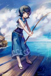 Rule 34 | 1girl, :d, artist name, baggy pants, bare arms, bare shoulders, blue eyes, blue hair, blue one-piece swimsuit, blue pants, blue sailor collar, blue sky, breasts, bright pupils, capri pants, cloud, cloudy sky, covered navel, creatures (company), crop top, day, dock, fishing, fishing rod, flipped hair, game freak, hairband, holding, lana (pokemon), leaning forward, matching hair/eyes, miu pachi, nintendo, one-piece swimsuit, open mouth, outdoors, pants, pokemon, pokemon sm, sailor collar, sandals, school swimsuit, shirt, short hair, sky, small breasts, smile, solo, standing, swimsuit, swimsuit under clothes, trial captain, water, white shirt, wood