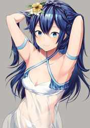 Rule 34 | 1girl, adjusting hair, alternate costume, alternate hairstyle, ameno (a meno0), armpits, arms behind head, arms up, bare shoulders, bikini, blue eyes, blue hair, braid, breasts, closed mouth, collarbone, covered navel, criss-cross halter, crown braid, fire emblem, fire emblem awakening, flower, frills, grey background, hair between eyes, hair flower, hair ornament, halterneck, highres, long hair, looking at viewer, lucina (fire emblem), navel, nintendo, see-through, simple background, small breasts, smile, solo, swimsuit, veil, white bikini, yellow flower