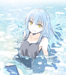 Rule 34 | 1other, arm support, bare shoulders, black shirt, blue hair, closed mouth, collarbone, from above, hair between eyes, long hair, looking at viewer, mizuki riko, outdoors, partially submerged, reclining, rimuru tempest, shirt, sleeveless, smile, solo, split mouth, tensei shitara slime datta ken, water, yellow eyes