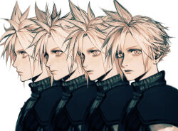 Rule 34 | 1boy, 9ibem, armor, blonde hair, cloud strife, earrings, expressionless, final fantasy, final fantasy vii, jewelry, looking at viewer, looking to the side, male focus, multiple views, parted lips, pauldrons, short hair, shoulder armor, simple background, sleeveless, sleeveless turtleneck, spiked hair, stud earrings, turning head, turtleneck, upper body, white background, yellow eyes