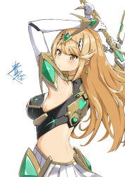 Rule 34 | 1girl, absurdres, aegis sword (xenoblade), aotsuba, backless outfit, bare back, bare shoulders, blonde hair, breasts, dress, earrings, elbow gloves, gloves, highres, jewelry, large breasts, long hair, mythra (xenoblade), simple background, solo, swept bangs, tiara, very long hair, white background, white dress, white gloves, xenoblade chronicles (series), xenoblade chronicles 2, yellow eyes