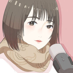 Rule 34 | 1girl, black eyes, blush, bright pupils, brown hair, brown scarf, drop shadow, eyebrows hidden by hair, eyelashes, highres, looking at viewer, microphone, miko35, original, parted lips, pink background, scarf, shirt, short hair, simple background, solo, white pupils, white shirt