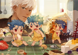 Rule 34 | 4boys, animal ears, archer (fate), barefoot, bear ears, window blinds, blue hair, brown eyes, candle, caveman, cereal, chest tattoo, chibi, club (weapon), cracker, cu chulainn (caster) (fate), cu chulainn (fate), cu chulainn (fate) (all), cu chulainn (fate/stay night), cu chulainn alter (fate), cu chulainn alter (fate/grand order), cuffs, dark-skinned male, dark skin, earrings, eating, egg (food), facial mark, fang, fate/grand order, fate/stay night, fate (series), faucet, food, fried egg, fruit, gae bolg (fate), guttia, indoors, jar, jewelry, kemonomimi mode, kine, kitchen, lancer, long hair, male focus, mallet, milk carton, mini person, miniboy, mochitsuki, mortar (bowl), multiple boys, multiple persona, nipples, on table, open mouth, planted, polearm, ponytail, red eyes, size difference, spatula, spear, spoon, standing, strawberry, table, tablecloth, tattoo, toga, usagi kine, weapon, white hair, window