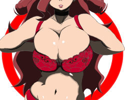 Rule 34 | 1girl, belly, bra, breasts, bursting breasts, choker, cleavage, drill hair, head out of frame, heroman, huge breasts, lingerie, lips, lipstick, long hair, makeup, navel, panties, parted lips, red bra, red eyes, red hair, red panties, simple background, solo, toshi aki, underwear, underwear only, vera collins