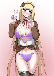 Rule 34 | 1girl, akisora, alternate hair length, alternate hairstyle, blush, bra, breasts, brown jacket, brown thighhighs, cleavage, closed mouth, clothes lift, collarbone, danganronpa (series), danganronpa 3 (anime), fishnet thighhighs, fishnets, gradient background, hairband, jacket, large areolae, large breasts, long hair, long sleeves, nail polish, navel, neck ribbon, official alternate costume, open clothes, open jacket, open shirt, panties, pink background, pink nails, purple bra, purple panties, red ribbon, ribbon, skirt, skirt lift, smile, solo, sonia nevermind, thighhighs, underwear, v