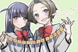 Rule 34 | 2girls, :d, arm at side, black hair, blush, bow, bowtie, braid, braided bangs, brown hair, closed mouth, collared shirt, gift art, green background, grey jacket, hand up, happy birthday, heart, holding, jacket, long hair, long sleeves, looking at viewer, minase suzu, multiple girls, one side up, open clothes, open jacket, open mouth, outline, parted bangs, purple eyes, red bow, red bowtie, school uniform, seishou music academy uniform, shirt, short hair, shoujo kageki revue starlight, side-by-side, sidelocks, simple background, smile, string of flags, tareko, translated, tsuyuzaki mahiru, upper body, white outline, white shirt