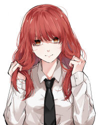Rule 34 | 1girl, absurdres, black necktie, chainsaw man, closed mouth, collared shirt, dress shirt, hands up, highres, holding, holding own hair, long sleeves, looking at viewer, makima (chainsaw man), mame1645, necktie, red hair, ringed eyes, shirt, simple background, smile, solo, upper body, white background, white shirt