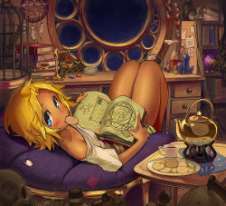 Rule 34 | 1girl, bare legs, bean bag chair, birdcage, blonde hair, blue eyes, blush, book, book stack, bookshelf, borrowed character, cage, chair, collarbone, cookie, crystal, cup, dark-skinned female, dark skin, drawer, dream catcher, feathers, flask, food, food in mouth, gem, globe, hair intakes, holding, holding book, index finger raised, indoors, krokobyaka, legs folded, loaded interior, looking at viewer, looking back, lying, magic circle, mortar (bowl), mouth hold, night, off shoulder, oil lamp, on back, open book, pestle, plate, round-bottom flask, round window, scales, scroll, shirt, short hair, shorts, signature, skull, solo, spiked hair, star (sky), star (symbol), table, tea, teacup, teapot, teapot warmer, thighs, tild - mage a louer, tild framith, vial, white shirt, window, wooden table