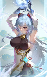 Rule 34 | 1girl, absurdres, ahoge, armpits, arms up, bare shoulders, bell, black gloves, black pantyhose, blue hair, bodystocking, breasts, brown eyes, chinese knot, commentary, cowboy shot, detached sleeves, flower knot, ganyu (genshin impact), genshin impact, gloves, gold trim, high-waist skirt, highres, horns, large breasts, long hair, long sleeves, looking at viewer, neck bell, pantyhose, sideboob, skirt, solo, standing, tassel, thighlet, very long hair, vision (genshin impact), wendy (5877), white skirt, white sleeves