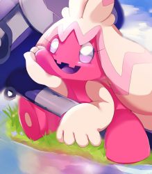 Rule 34 | 1girl, blue sky, creatures (company), game freak, grass, hammer, happy, highres, holding, holding hammer, huge weapon, moshi i, nature, nintendo, no humans, pokemon, pokemon (creature), sitting, sky, smile, solo, tinkaton, water, weapon