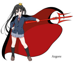 Rule 34 | 1girl, black cape, black hair, black socks, blazer, blue jacket, brown eyes, cape, collared shirt, commentary request, crown, dresstrip, full body, grey skirt, hair between eyes, hand on own hip, holding, holding staff, jacket, k-on!, loafers, long hair, looking at viewer, nakano azusa, neck ribbon, open mouth, pleated skirt, red cape, red ribbon, ribbon, sakuragaoka high school uniform, school uniform, shirt, shoes, sidelocks, simple background, skirt, socks, solo, staff, standing, twintails, two-tone cape, white background, white shirt, winter uniform