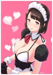Rule 34 | 1girl, apron, ascot, black skirt, blunt bangs, blush, bra, breasts, brown hair, gloves, half gloves, heart, high-waist skirt, large breasts, looking at viewer, maid, maid apron, maid headdress, nanahime, original, parted lips, pink background, pink eyes, puffy short sleeves, puffy sleeves, red ascot, short hair, short sleeves, signature, simple background, skirt, smile, solo, underwear, white apron, white bra, wrist cuffs