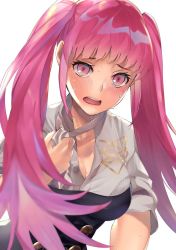 Rule 34 | 1girl, artist request, belt, blunt bangs, blush, breasts, cleavage, fire emblem, fire emblem: three houses, highres, hilda valentine goneril, long hair, long sleeves, looking at viewer, matching hair/eyes, medium breasts, nintendo, open mouth, pink eyes, pink hair, simple background, smile, solo, sweat, teeth, twintails, uniform, upper body, upper teeth only, very long hair, white background