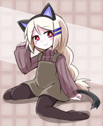 Rule 34 | 1girl, animal ears, cat ears, cat tail, exice-zero, highres, kugelschreiber, long hair, looking at viewer, original, pantyhose, red eyes, ribbed sweater, smile, solo, sweater, tail