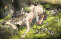 Rule 34 | 1girl, absurdres, all fours, animal ear fluff, animal ears, ankle boots, arknights, ass, back, bar censor, beanstalk (arknights), bestiality, black footwear, black headwear, blush, boots, bow (weapon), box, braid, breasts, brown shorts, censored, clothes pull, creature, crossbow, drooling, grass, green ribbon, grey hair, hair ribbon, hanging breasts, highres, huge filesize, kneehighs, leash, long hair, lownd, medium breasts, metal crab (arknights), nipple stimulation, nipple tweak, nipples, nude, open mouth, outdoors, red eyes, red ribbon, ribbon, rock, saliva, sex, sex from behind, shirt, shorts, shorts pull, side braid, socks, tail, torn clothes, torn shirt, tree, unworn shirt, vaginal, weapon, yellow socks