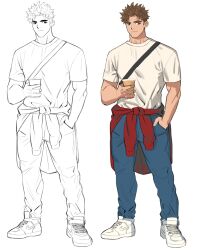 Rule 34 | 1boy, bara, before and after, clothes around waist, cup, disposable cup, full body, hand in pocket, highres, jacket, jacket around waist, light smile, looking at viewer, male focus, nike (company), original, shirt, short hair, smile, t-shirt, thick eyebrows, toned, toned male, youchi123