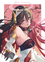 Rule 34 | 1girl, absurdres, black dress, black hair, cherry blossoms, chinese clothes, colored inner hair, commentary, detached sleeves, dress, earrings, english commentary, facial tattoo, fake horns, gold armlet, gold bracelet, gold horns, hair between eyes, hair ornament, halo, highres, holding, holding sword, holding weapon, horns, jewelry, jhaysie, looking at viewer, lucia: plume (eventide glow) (punishing: gray raven), lucia (punishing: gray raven), multicolored hair, open mouth, pendant earring, punishing: gray raven, red eyes, red hair, solo, sword, tattoo, transparent halo, two-tone dress, weapon, white dress, white sleeves