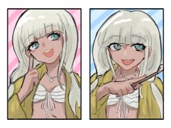 Rule 34 | 1girl, :d, bead necklace, beads, blunt bangs, danganronpa (series), danganronpa v3: killing harmony, dark-skinned female, dark skin, grey eyes, grey hair, hand up, highres, holding, index finger raised, jacket, jewelry, long hair, long sleeves, looking at viewer, low twintails, multiple views, necklace, open clothes, open jacket, open mouth, shell, shell necklace, shuixian, smile, twintails, upper body, yonaga angie
