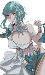 Rule 34 | 1girl, absurdres, armlet, blue hair, braid, breasts, brown eyes, cleavage, closed mouth, commentary request, crown braid, dancer (fire emblem: three houses), earrings, fire emblem, fire emblem: three houses, highres, jewelry, large breasts, marianne von edmund, midriff, nintendo, official alternate costume, pelvic curtain, short hair, sidelocks, simple background, solo, sou mei, white background