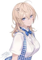 Rule 34 | 1girl, ahoge, artist name, blonde hair, blue bow, blue bowtie, blue eyes, bow, bowtie, breasts, buttons, closed mouth, collared shirt, dated, employee uniform, hair between eyes, hair ornament, highres, kantai collection, kobeya uniform, large breasts, long hair, looking at viewer, rokuwata tomoe, shirt, short sleeves, signature, simple background, smile, solo, tuscaloosa (kancolle), twitter username, uniform, upper body, white background, white shirt