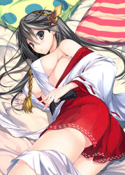 Rule 34 | 10s, 1girl, bare shoulders, black hair, blush, breasts, brown eyes, detached sleeves, hair ornament, hairband, hairclip, haruna (kancolle), hina 1126, japanese clothes, jewelry, kantai collection, large breasts, long hair, lying, naruse hirofumi, nontraditional miko, on side, open mouth, personification, ring, sideboob, skirt, solo
