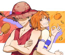 Rule 34 | 1boy, 1girl, black hair, boned meat, commentary, crossed arms, english commentary, facial scar, food, fruit, hat, hat over one eye, highres, looking at viewer, mandarin orange, meat, monkey d. luffy, nami (one piece), ok sign, one piece, orange hair, red shirt, scar, scar on cheek, scar on face, shirt, short hair, short sleeves, sleeveless, sleeveless shirt, smile, straw hat, water4829