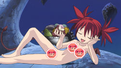 Rule 34 | apple, censored, censored nipples, completely nude, demon tail, demon wings, disgaea, eating, etna (disgaea), closed eyes, fang, flat chest, food, fruit, fruit bowl, lying, makai senki disgaea, navel, novelty censor, nude, nude filter, on side, open mouth, reclining, red hair, screencap, smile, tail, third-party edit, wings