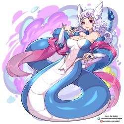 Rule 34 | 1girl, absurdres, ass, blue footwear, blue nails, breasts, choker, cleavage, cloud hair, creatures (company), detached sleeves, dragonair, full body, game freak, gen 1 pokemon, highres, horns, jewelry, lamia, large breasts, lipstick, long hair, looking at viewer, magical girl, makeup, monster girl, nail polish, nintendo, patreon username, personification, pink eyes, pokemon, redjet, ring, second-party source, simple background, single horn, smile, solo, tail, watermark, web address, white background, white hair
