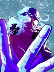 Rule 34 | 1boy, absurdres, blue background, bored artist, breath, close-up, coat, cold, collarbone, commentary request, curly hair, highres, ice, kuzan (aokiji), lips, male focus, non-web source, one piece, pov, pov hands, scar, self-upload, skull cup, snowing, solo, sunglasses, upper body