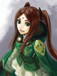 Rule 34 | 1girl, :d, brown hair, drag-on dragoon, drag-on dragoon 3, facial mark, forehead mark, four (drag-on dragoon), green eyes, jacket, jacket on shoulders, long hair, open mouth, smile, solo, twintails, upper body
