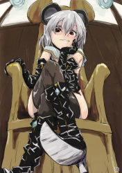 Rule 34 | 1girl, alternate costume, animal ears, arm support, bdsm, black thighhighs, boots, capelet, chair, corset, crossed legs, dominatrix, elbow gloves, garter straps, gloves, grey hair, head rest, high heel boots, high heels, highres, jewelry, looking at viewer, looking down, mouse ears, nazrin, red eyes, sape (saperon black), short hair, sitting, solo, teeth, thighhighs, thighhighs under boots, touhou