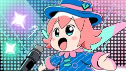 Rule 34 | 1girl, blush stickers, fairy wings, highres, kirby (series), kirby 30th anniversary music festival, microphone, music, nintendo, open mouth, outstretched arms, pink hair, ribbon (kirby), signature, singing, solo, wings, yutakunatu