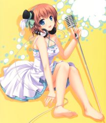 Rule 34 | 1girl, absurdres, alpha, alpha (yukai na nakamatachi), barefoot, blue eyes, brown hair, cable, dress, feet, hat, headphones, headphones around neck, highres, huge filesize, knees up, microphone, microphone stand, mini hat, mini top hat, sitting, soles, solo, sundress, toes, top hat