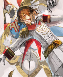 Rule 34 | 1boy, akechi gorou, belt, brown hair, capelet, dated, epaulettes, gloves, hair between eyes, hand on own chest, highres, long sleeves, male focus, nagasawa tougo, open mouth, persona, persona 5, red eyes, solo, twitter username, uniform, white gloves