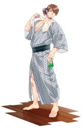 Rule 34 | 1boy, alternate costume, brown hair, can, casual, facial hair, fate/grand order, fate (series), full body, goatee, grey kimono, hector (fate), highres, holding, holding can, imoda, japanese clothes, kimono, male focus, mature male, medium hair, ponytail, solo, towel, towel around neck, white background