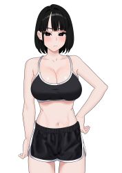 Rule 34 | 1girl, absurdres, arms at sides, black eyes, black hair, black shorts, black sports bra, blunt bangs, blush, bob cut, breasts, bright pupils, cleavage, closed mouth, collarbone, cowboy shot, fffukuzawa, gym shorts, hand on own hip, highres, large breasts, light frown, looking at viewer, medium hair, navel, original, shorts, simple background, skindentation, solo, spaghetti strap, sports bra, standing, straight hair, toned, white background, white pupils