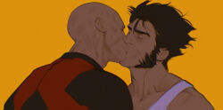 2boys back bald bodysuit brown_hair closed_eyes couple deadpool deadpool_&amp;_wolverine deadpool_(series) facial_hair hashtag-only_commentary james_howlett kiss limach-an male_focus marvel marvel_cinematic_universe multiple_boys muscular muscular_male red_bodysuit scar scars_all_over short_hair simple_background tank_top too_many white_tank_top wolverine_(x-men) x-men yaoi yellow_background