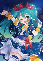 Rule 34 | 1girl, ;d, anniversary, aqua eyes, aqua hair, arm up, bloomers, blue background, blue dress, blush, bow, collared dress, detached sleeves, dress, frilled dress, frills, gloves, hatsune miku, holding, holding paintbrush, long hair, looking at viewer, one eye closed, open mouth, paint splatter, paint splatter on face, paintbrush, red bow, red ribbon, ribbon, short sleeves, simple background, smile, solo, standing, thighhighs, twintails, underwear, vocaloid, white gloves, white thighhighs, yellow bow