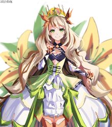 Rule 34 | 1girl, alexdiemaschine, blonde hair, butterfly hair ornament, celine (fire emblem), cowboy shot, crown, dated, detached sleeves, dress, fire emblem, fire emblem engage, flower, green eyes, hair ornament, hand on own chest, highres, long hair, looking at viewer, nintendo, smile, solo, very long hair