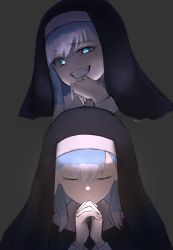 Rule 34 | 1girl, absurdres, blue eyes, blue hair, closed eyes, evil smile, habit, highres, hololive, hololive indonesia, kobo kanaeru, multicolored hair, nineroine, nun, own hands clasped, own hands together, smile, traditional nun, virtual youtuber, white hair