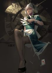 Rule 34 | 1girl, ace (playing card), ace of hearts, alternate eye color, apron, between fingers, black footwear, black pantyhose, blue dress, bow, braid, broken, brown eyes, card, clock, commentary, crack, dark, dress, english commentary, evil smile, green bow, grey background, grey hair, hair bow, half-closed eyes, heart, highres, holding, invisible chair, izayoi sakuya, knife, looking at viewer, looking down, maid headdress, mole, mole under eye, pantyhose, parted lips, playing card, puffy short sleeves, puffy sleeves, revision, roman numeral, short hair, short sleeves, sitting, smile, solo, touhou, twin braids, tzafra, waist apron, white apron, wing collar