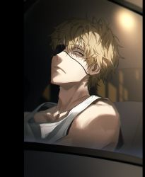 Rule 34 | 1boy, absurdres, bad id, bad twitter id, blonde hair, car, car interior, chainsaw man, denji (chainsaw man), eyepatch, frown, highres, lamppost, light, looking to the side, motor vehicle, muksal, orange eyes, shade, short hair, sitting, solo, tank top