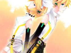 Rule 34 | 1boy, 1girl, aqua eyes, arm warmers, back-to-back, bad id, bad pixiv id, blonde hair, brother and sister, detached sleeves, hair ornament, hair ribbon, hairclip, headphones, heki kiri, highres, kagamine len, kagamine len (append), kagamine rin, kagamine rin (append), popped collar, ribbon, short hair, shorts, siblings, twins, vocaloid, vocaloid append