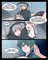 Rule 34 | &lt;o&gt; &lt;o&gt;, 1boy, 2girls, 3koma, arthropod girl, artist name, blood, blood from mouth, blue eyes, breasts, bug bite, butter sugoi, comic, commentary, crying, english text, green hair, grey hair, handkerchief, hat, highres, large breasts, mosquito girl, mother and daughter, multiple girls, original, red eyes, snot, tearing up, tears, twintails, wavy eyes