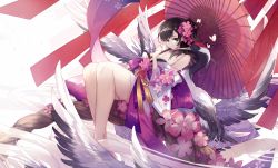 Rule 34 | 1girl, bad id, bad pixiv id, bare legs, bare shoulders, black eyes, black hair, breasts, cleavage, closed mouth, feathered wings, flower, hair flower, hair ornament, highres, japanese clothes, kimono, long hair, looking at viewer, lyodi, medium breasts, multiple wings, off shoulder, oil-paper umbrella, original, ponytail, sitting, smile, solo, umbrella, wide sleeves, wings