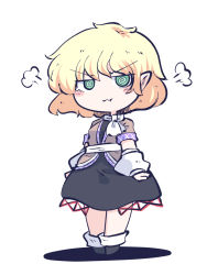 Rule 34 | 1girl, @ @, black footwear, black skirt, blonde hair, blush stickers, brown shirt, chahan (fried rice0614), closed mouth, full body, green eyes, highres, mizuhashi parsee, one-hour drawing challenge, pointy ears, scarf, shirt, shoes, short hair, short sleeves, simple background, skirt, socks, solo, touhou, white background, white scarf, white socks